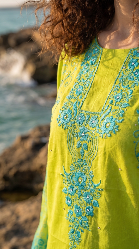 Citrus Bloom – Hand Embroidered Chiffon 2 Piece Suit