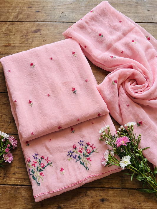 Soft Rose – Hand Cross-Stitch Embroidered Chiffon 2 Piece Suit