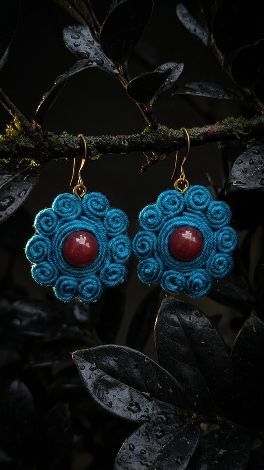 Teal Rosette – Handwoven Thread Drop Earrings