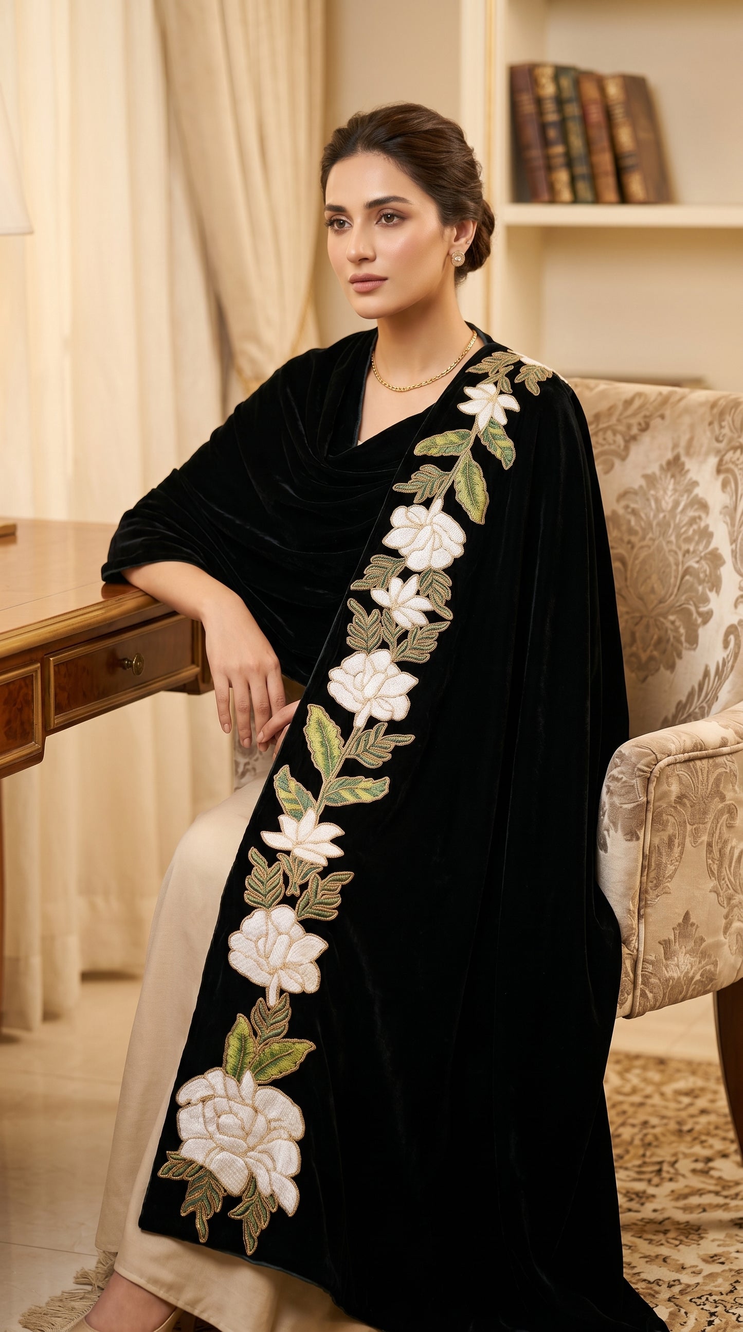 Signature Embroidered Shawl – Velvet Bloom Drape