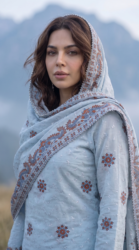 Azure Jaal – Luxury Block Printed Bareeze Chiffon 2 Piece Suit