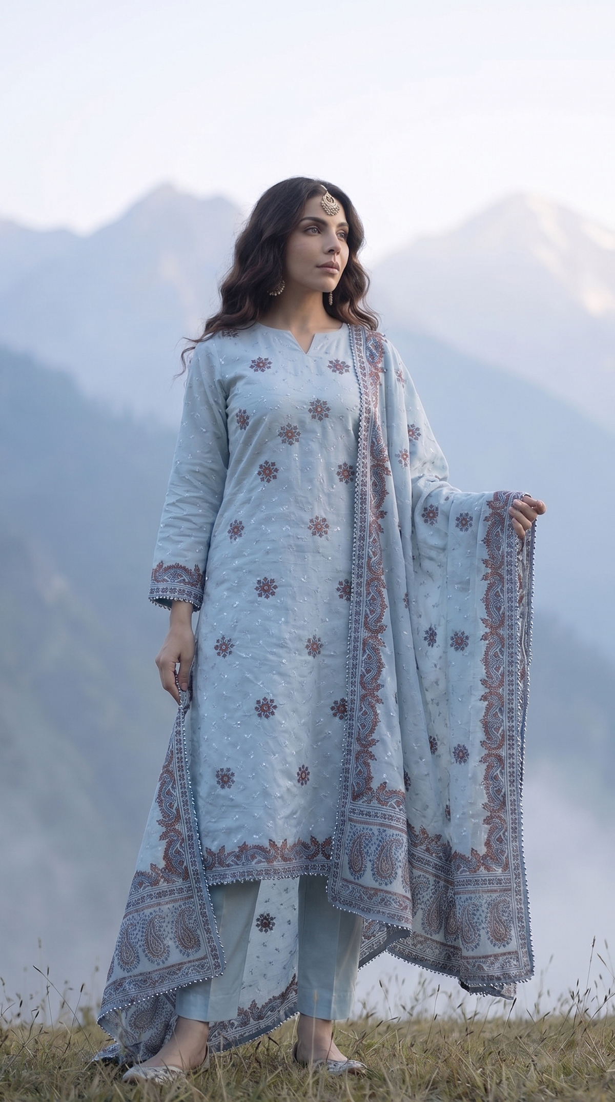 Azure Jaal – Luxury Block Printed Bareeze Chiffon 2 Piece Suit