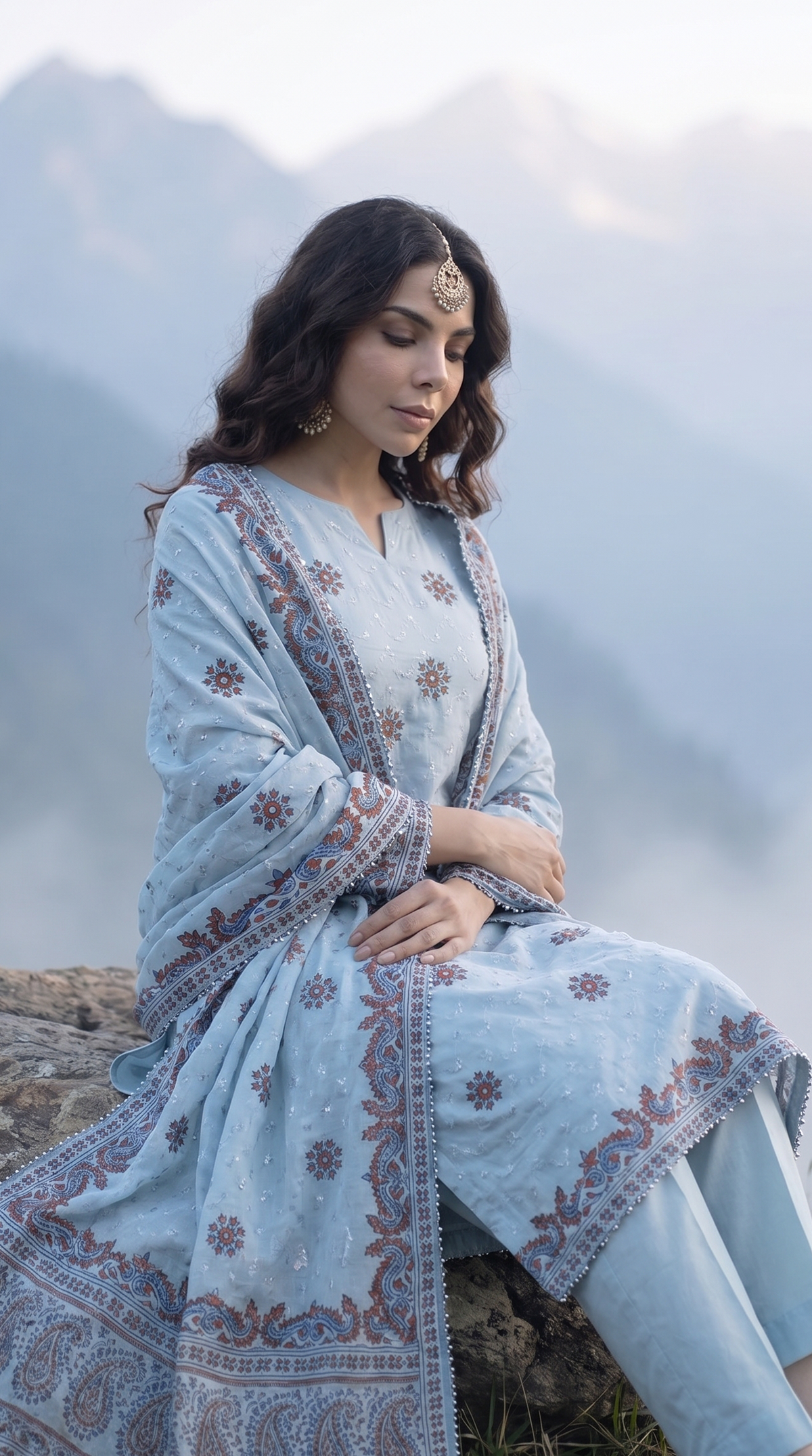 Azure Jaal – Luxury Block Printed Bareeze Chiffon 2 Piece Suit