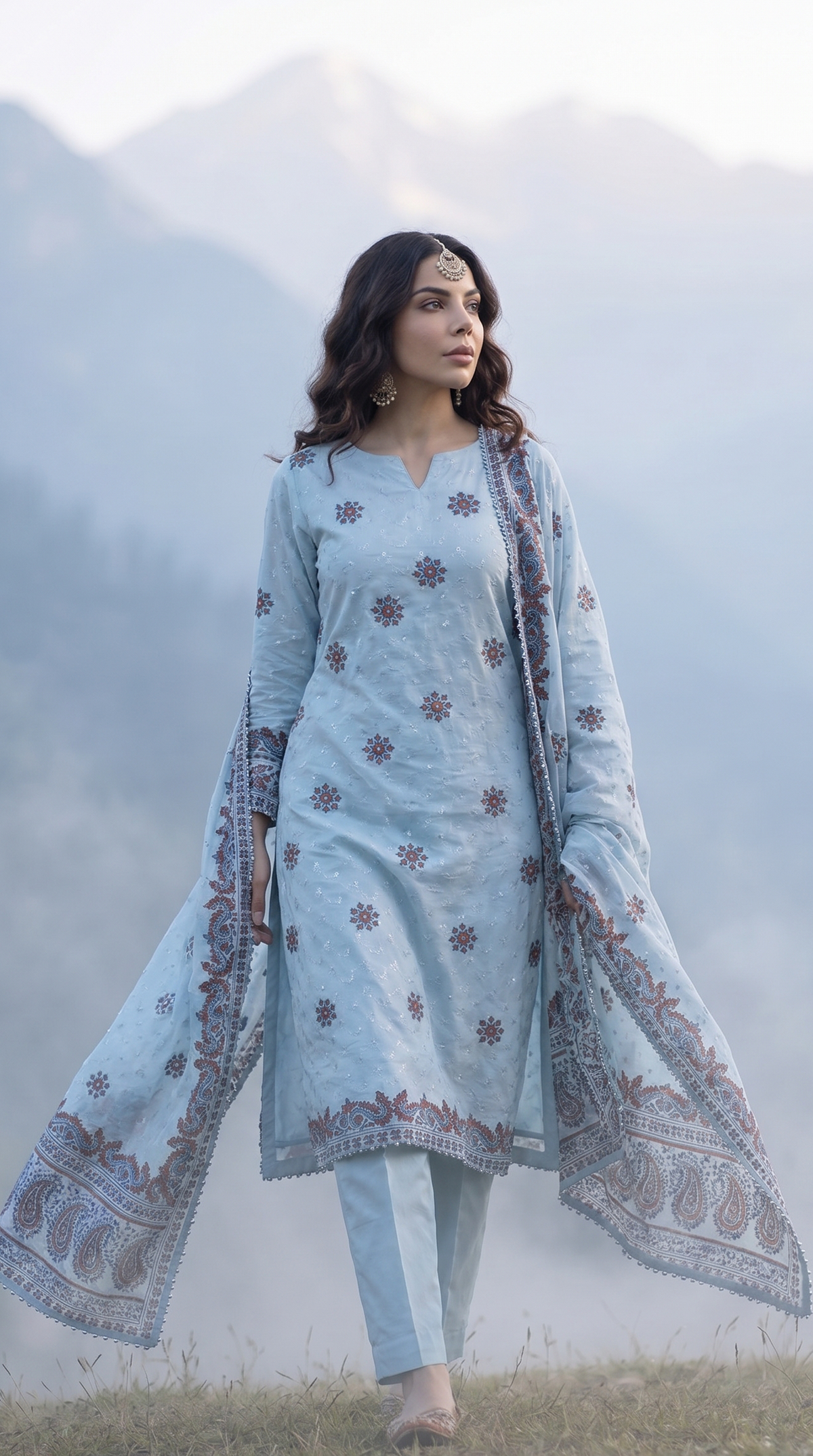 Azure Jaal – Luxury Block Printed Bareeze Chiffon 2 Piece Suit