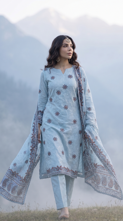 Azure Jaal – Luxury Block Printed Bareeze Chiffon 2 Piece Suit