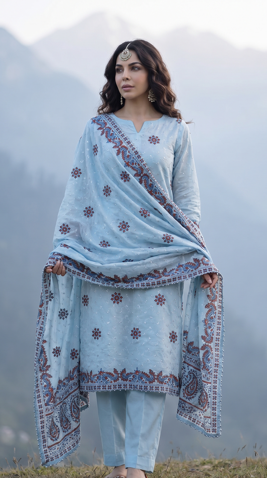 Azure Jaal – Luxury Block Printed Bareeze Chiffon 2 Piece Suit