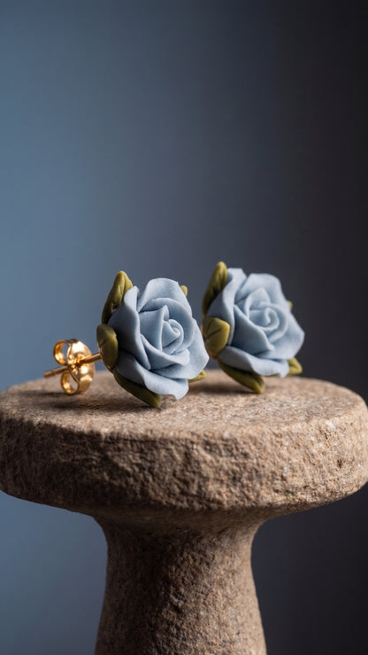 Blue Rose – Sculpted Clay Rose Stud Earrings