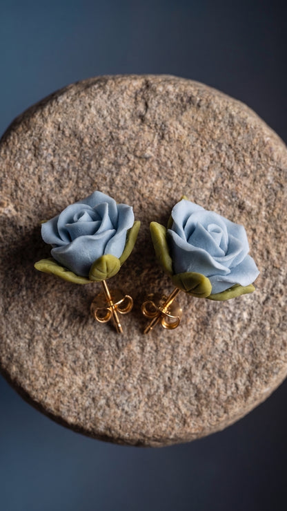 Blue Rose – Sculpted Clay Rose Stud Earrings