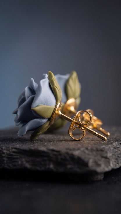 Blue Rose – Sculpted Clay Rose Stud Earrings
