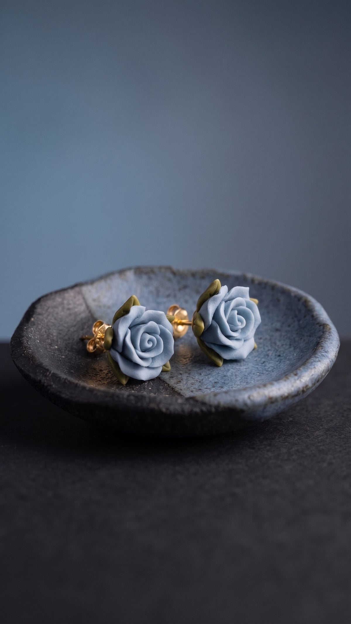 Blue Rose – Sculpted Clay Rose Stud Earrings