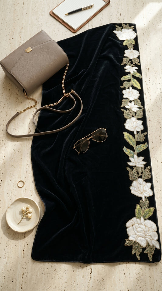 Signature Embroidered Shawl – Velvet Bloom Drape