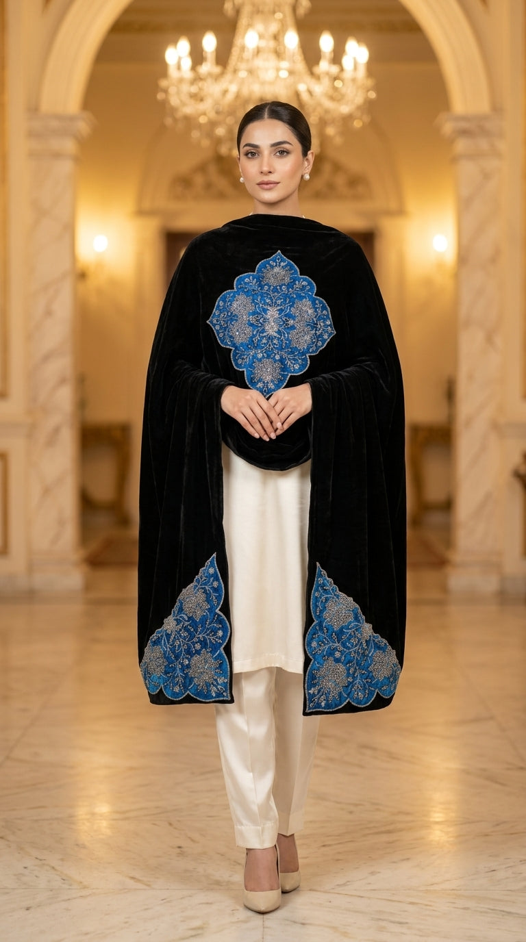 Signature Embroidered Shawl – Velvet Royal Sapphire