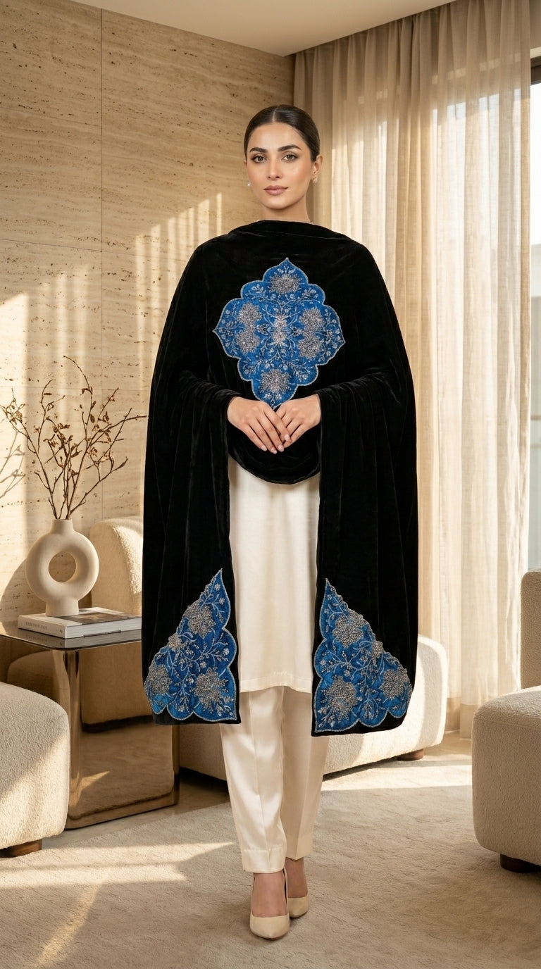 Signature Embroidered Shawl – Velvet Royal Sapphire