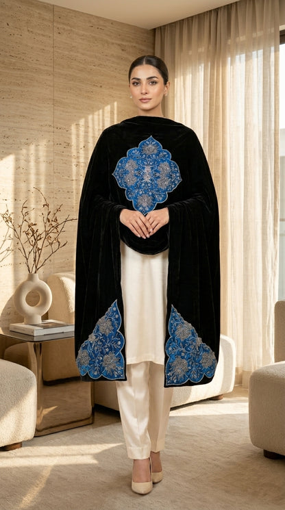 Signature Embroidered Shawl – Velvet Royal Sapphire