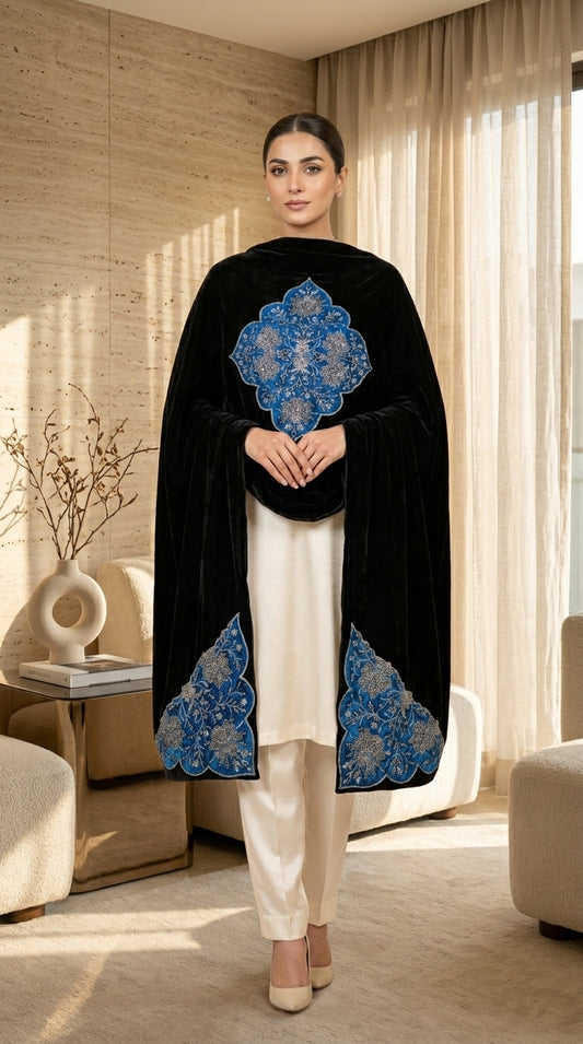 Signature Embroidered Shawl – Velvet Royal Sapphire