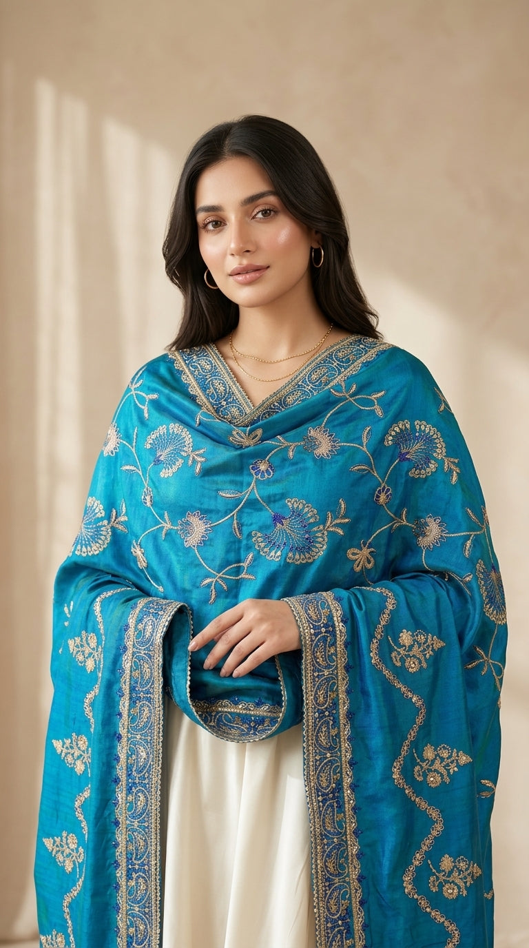 Signature Embroidered Shawl – Royal Blue