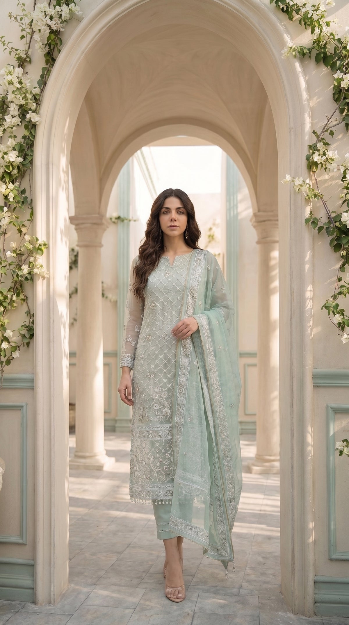 Mint Meadow – Embroidered Cotton Net 2 Piece Suit
