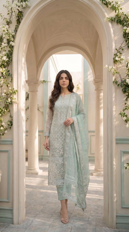 Mint Meadow – Embroidered Cotton Net 2 Piece Suit