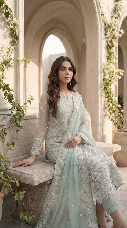 Mint Meadow – Embroidered Cotton Net 2 Piece Suit