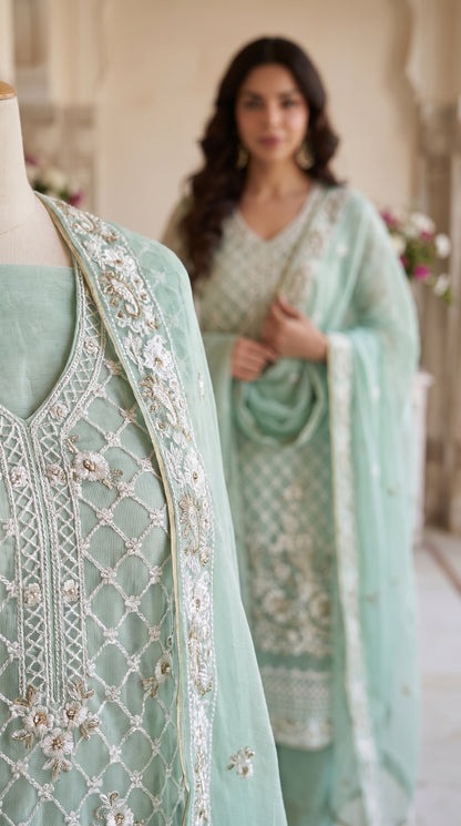 Mint Meadow – Embroidered Cotton Net 2 Piece Suit