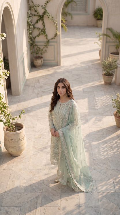 Mint Meadow – Embroidered Cotton Net 2 Piece Suit