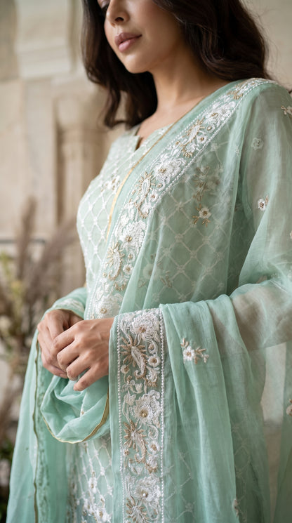 Mint Meadow – Embroidered Cotton Net 2 Piece Suit