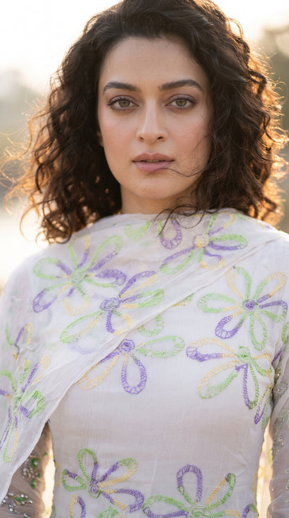 Petal Poise – Luxury Embroidered Krinkle Chiffon 2 Piece Suit