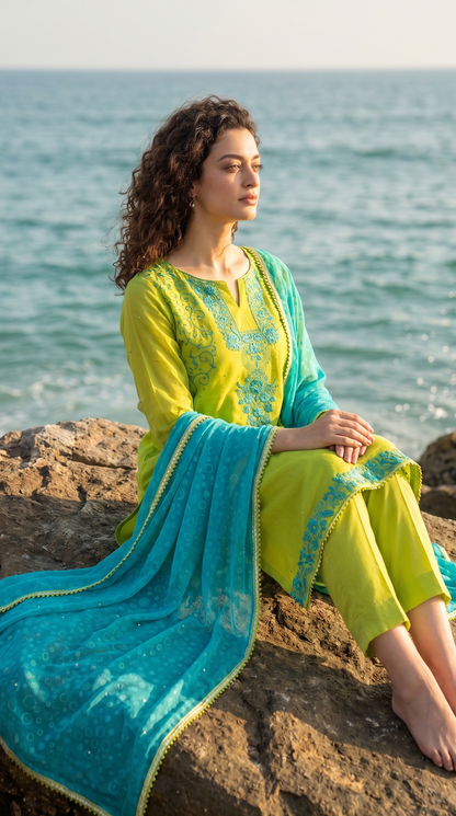 Citrus Bloom – Hand Embroidered Chiffon 2 Piece Suit