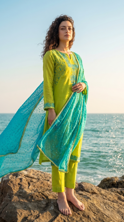 Citrus Bloom – Hand Embroidered Chiffon 2 Piece Suit