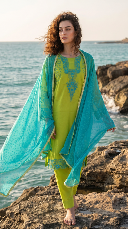 Citrus Bloom – Hand Embroidered Chiffon 2 Piece Suit