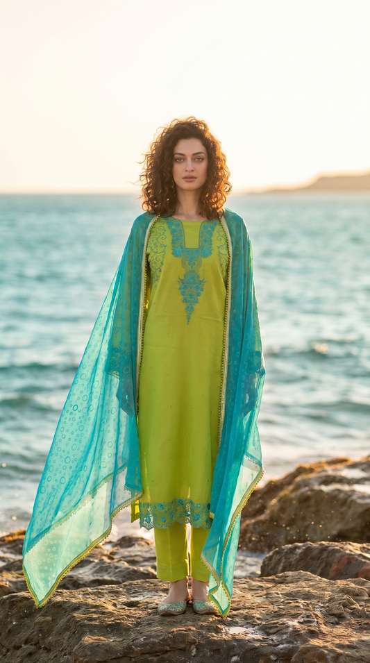 Citrus Bloom – Hand Embroidered Chiffon 2 Piece Suit