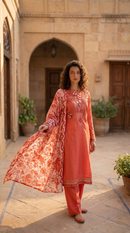 Rosé Reverie – Hand Embroidered Silk Lawn 3 Piece Suit
