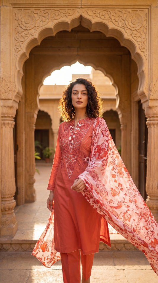 Rosé Reverie – Hand Embroidered Silk Lawn 3 Piece Suit