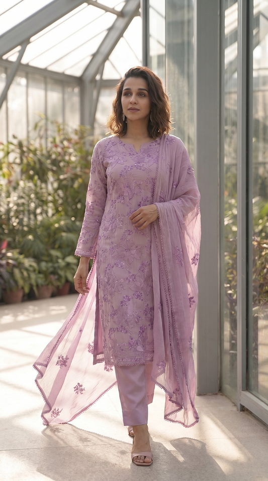 Lavender Reverie – Hand Embroidered 3 Piece Suit