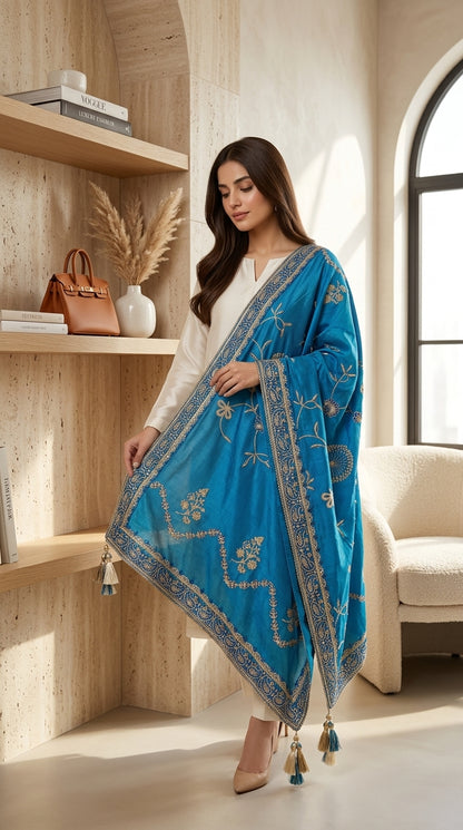 Signature Embroidered Shawl – Royal Blue