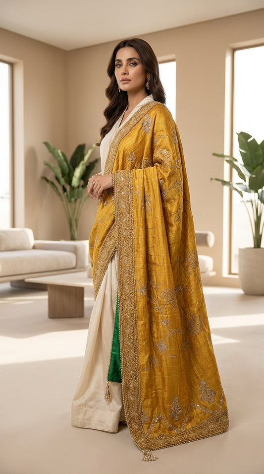 Signature Embroidered Shawl – Mustard Gold