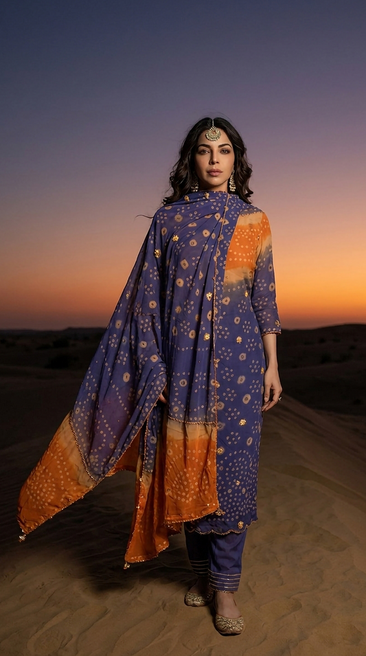 Twilight Dunes – Bandhani Chunri Chiffon 3 Piece Suit