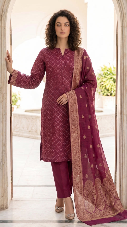 Wine Marble – Khaadi Silk Lawn Brosha 3 Piece Suit