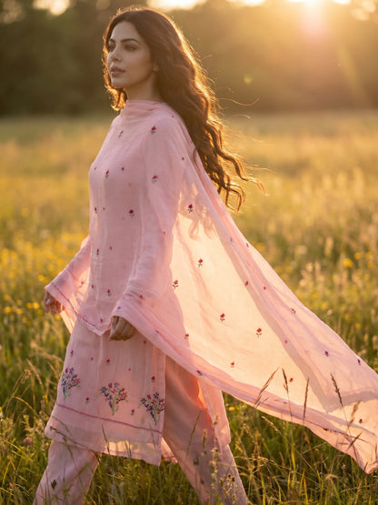 Soft Rose – Hand Cross-Stitch Embroidered Chiffon 2 Piece Suit
