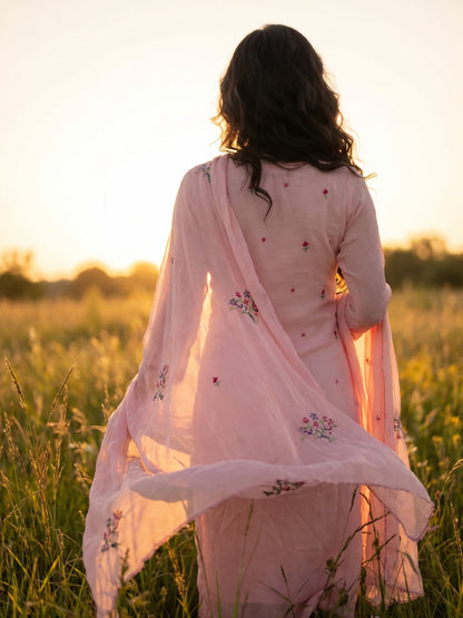 Soft Rose – Hand Cross-Stitch Embroidered Chiffon 2 Piece Suit