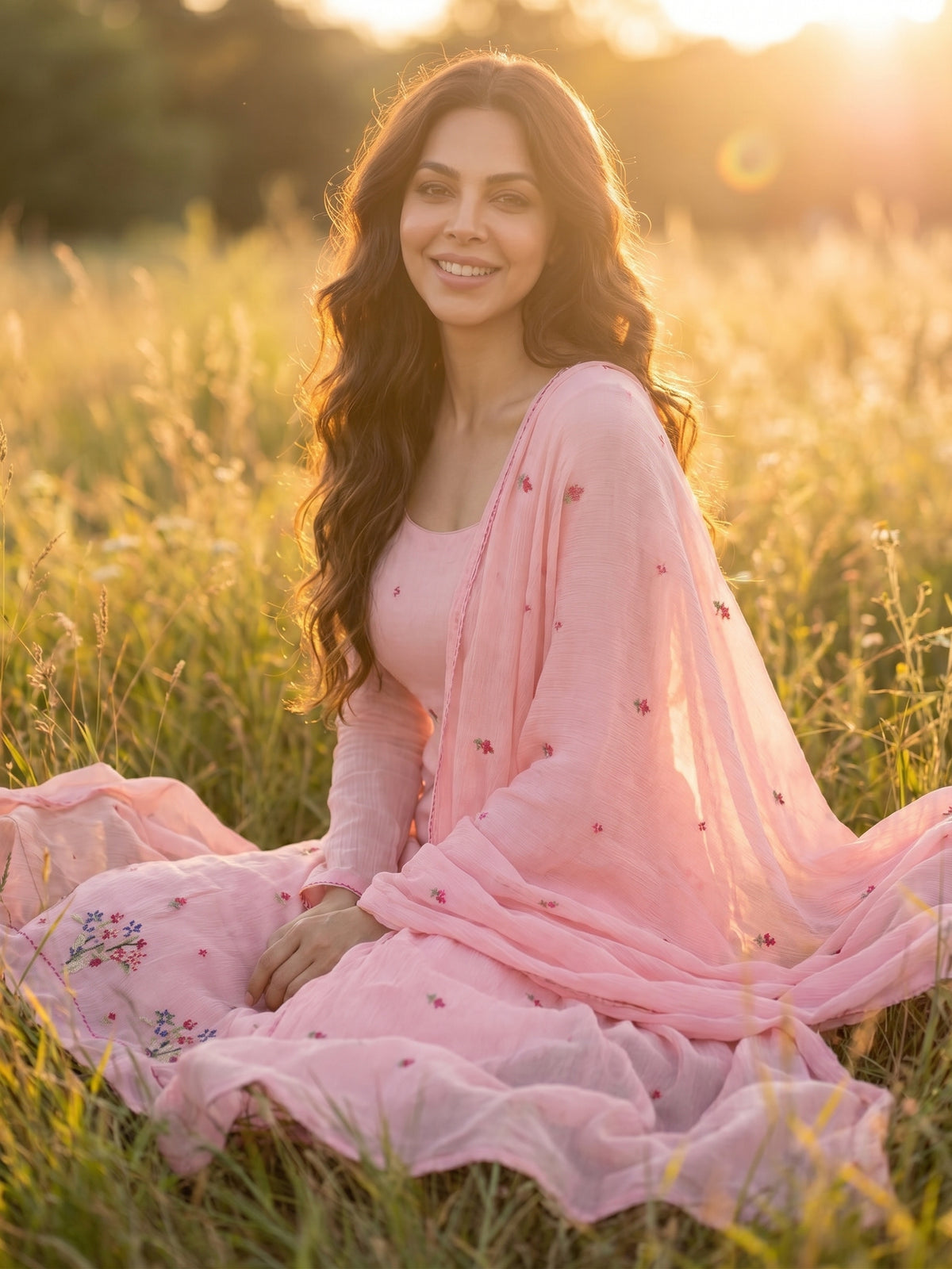 Soft Rose – Hand Cross-Stitch Embroidered Chiffon 2 Piece Suit