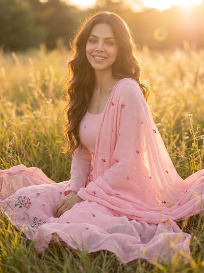 Soft Rose – Hand Cross-Stitch Embroidered Chiffon 2 Piece Suit