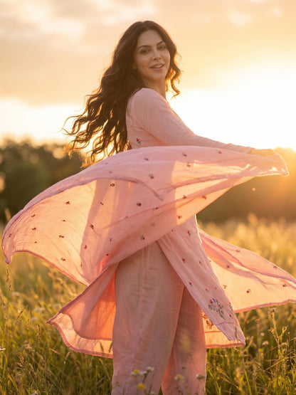 Soft Rose – Hand Cross-Stitch Embroidered Chiffon 2 Piece Suit