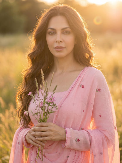 Soft Rose – Hand Cross-Stitch Embroidered Chiffon 2 Piece Suit