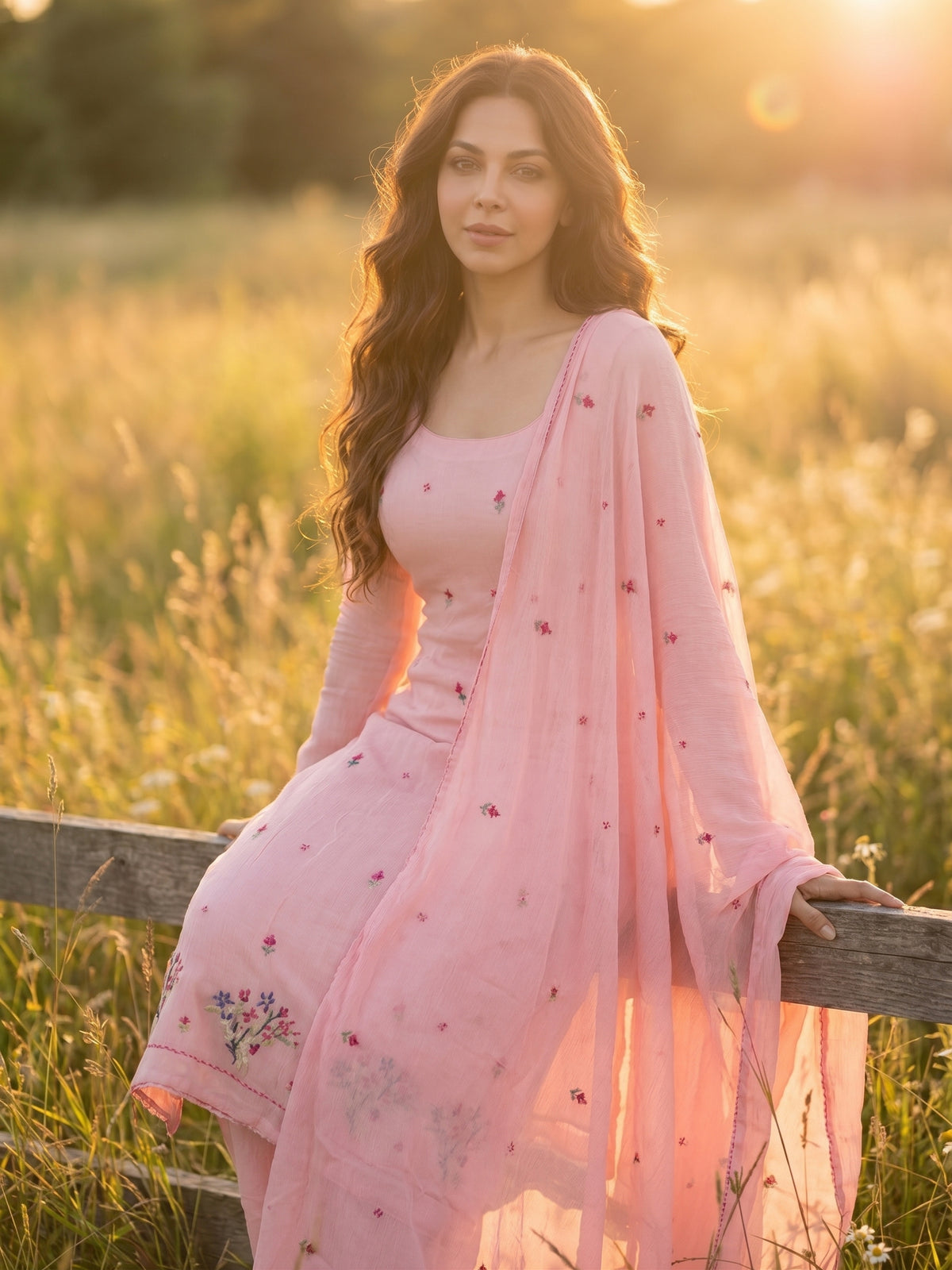 Soft Rose – Hand Cross-Stitch Embroidered Chiffon 2 Piece Suit