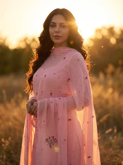 Soft Rose – Hand Cross-Stitch Embroidered Chiffon 2 Piece Suit