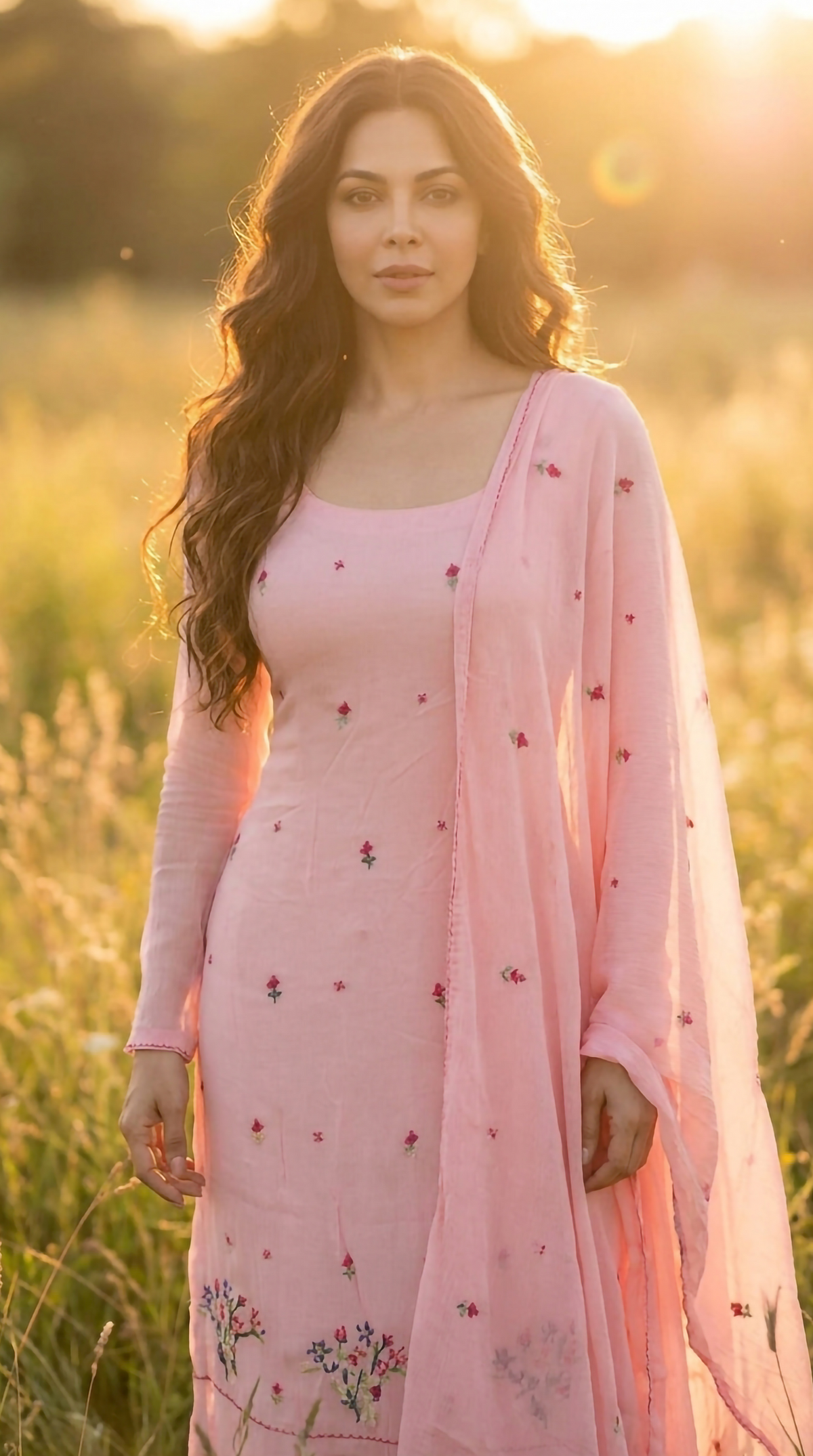 Soft Rose – Hand Cross-Stitch Embroidered Chiffon 2 Piece Suit