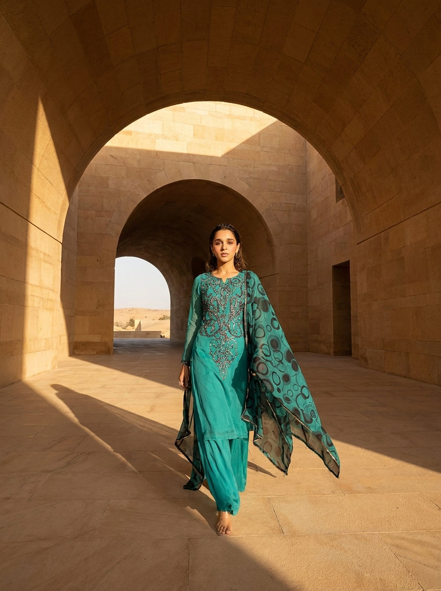 Teal Gota Elegance – Embellished Krinkle Chiffon 2 Piece Suit