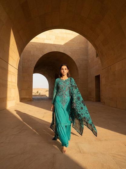Teal Gota Elegance – Embellished Krinkle Chiffon 2 Piece Suit