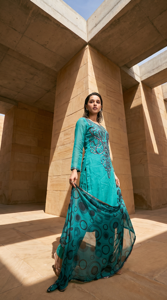 Teal Gota Elegance – Embellished Krinkle Chiffon 2 Piece Suit